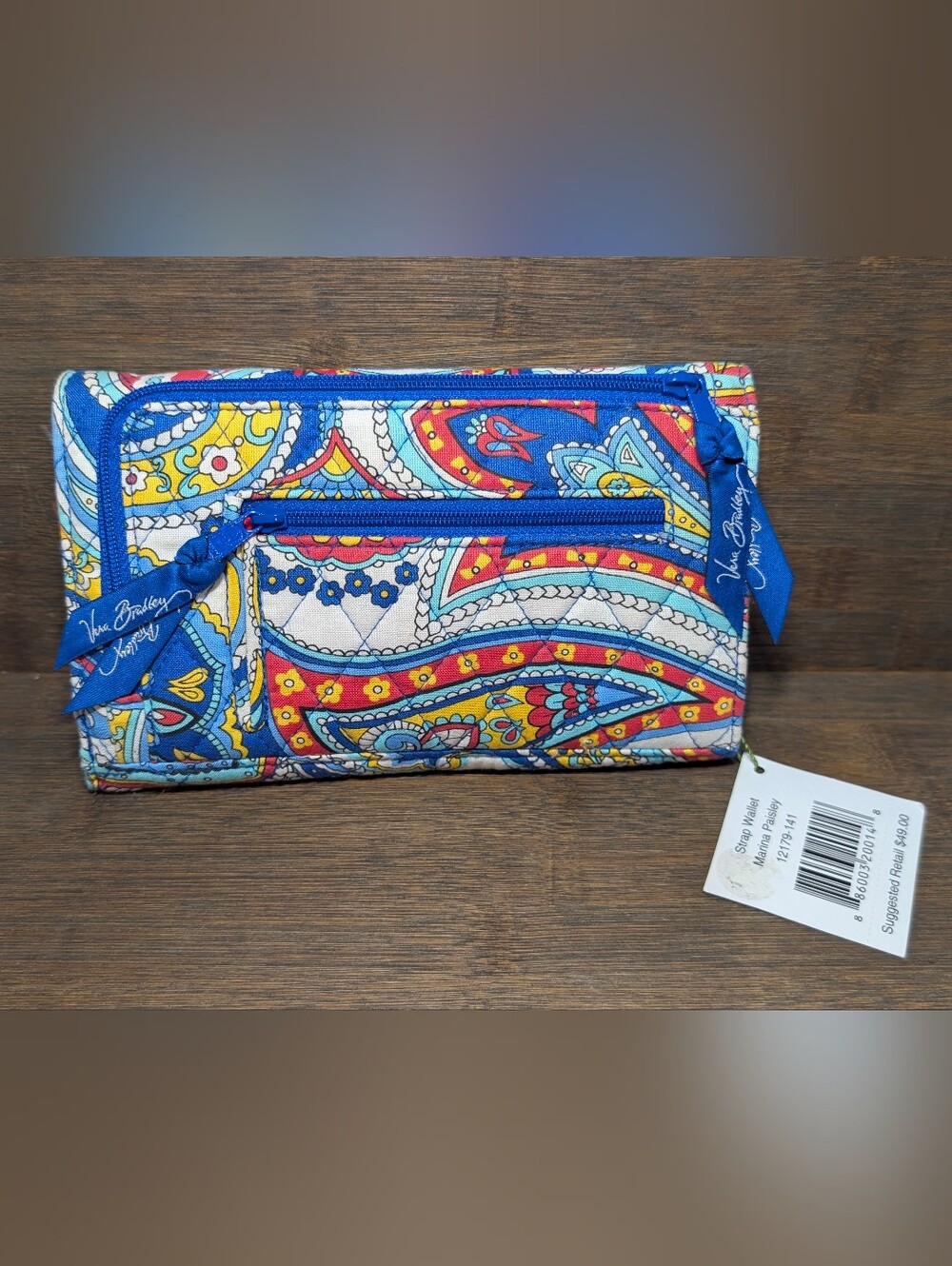 Vera Bradley Blue Red Yellow Teal Paisley Quilted Fold-Over Clutch Strap Wallet - Picture 2 of 6
